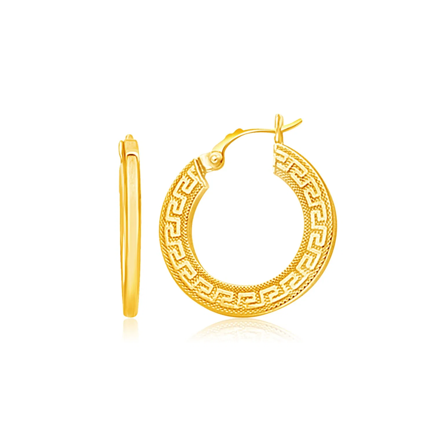 14 Karat Gelbgold Griechischer Schlüssel Medium Hoop Ohrringe mit flachen Seiten