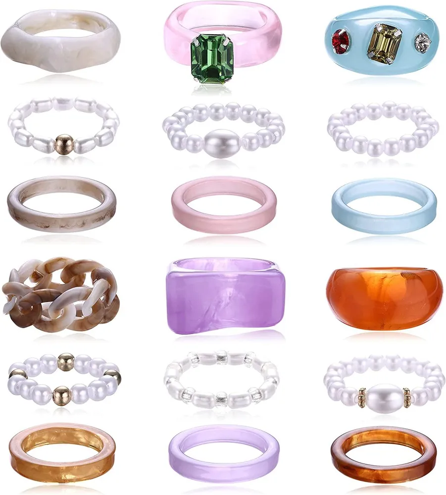18 Stück farbenfrohe Acryl Perle Y2K Ringe Set Rhystone Chunky Trendy Transparent Harz Knuckle Stackable Ring Vintage Band Ring für Frauen Egirls