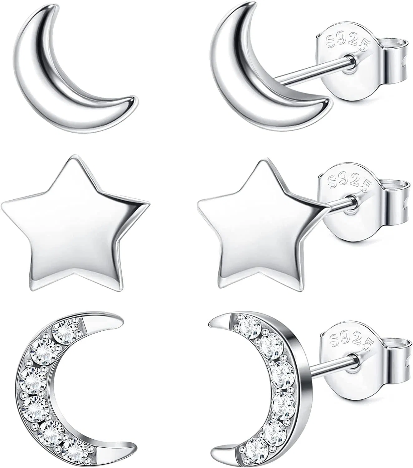 3 Paare 925 Sterling Silber winzige / kleine Studs Ohrringe Set für Frauen Mädchen süße Ohrringe Sets Star Moon Cubic Zirkonia Stud für Frauen Mädchen