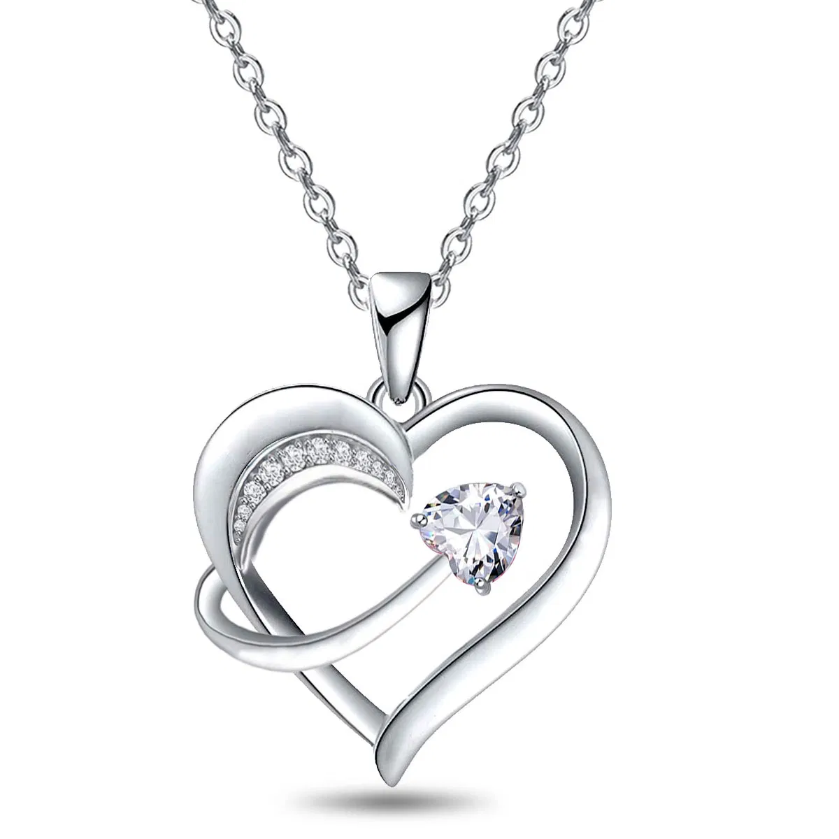 14 Karat Weißgold Plated 5A Cubic Zirkonia Einzigartige Liebe Herz Anhänger Halskette für Frauen, Schmuck Geschenk für Frau Freundin