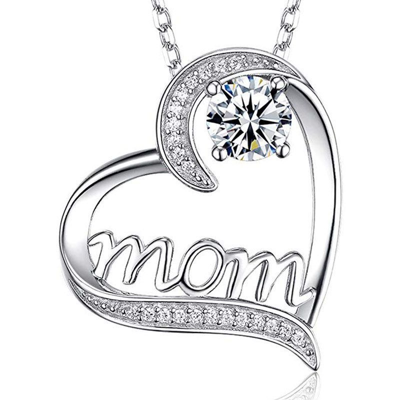 Hohlherzförmig eingelegtes Rhinestone Mom Pendant Kette Chic Design Muttertag Geschenk für Frauen Mutter Tochter