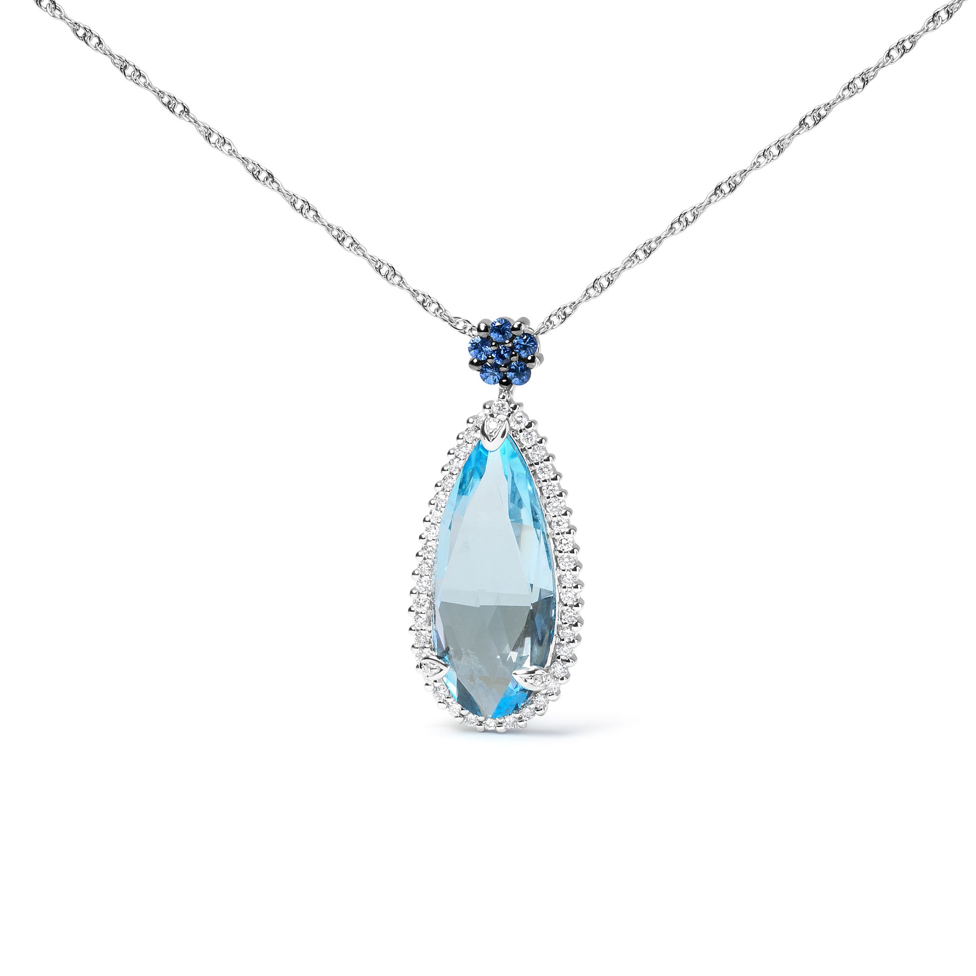 18 Karat Weißgold 3 / 8 Cttw Pflaster Set Diamant und Himmelblau Topaz und Blau Sapphir Edelstein Floral Teardrop Halo 18