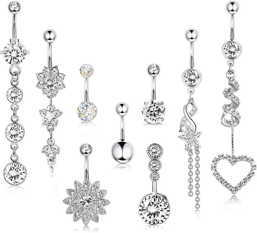 9 Pcs Bauchnabel Ringe Dangle für Frauen Nabel Ringe Kurven Barbell CZ Eingelegte Dangle Bauchnabel Ringe Chirurgische Körper Piercing Set