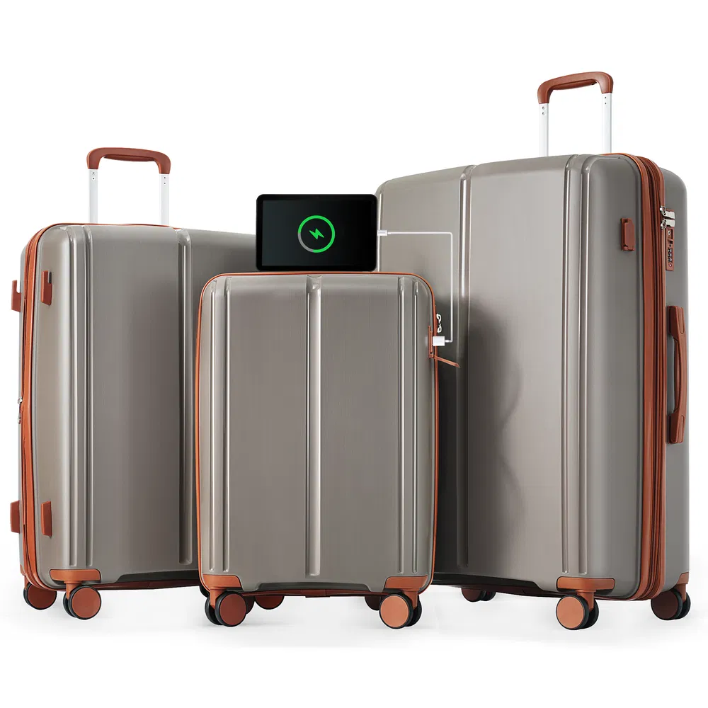 Gepäckset 3 - Stück Koffer Set 20 / 24 / 28 mit USB-Anschluss, Tragen Sie auf Gepäck Airline genehmigt, PP Leichtgewicht Koffer mit Spinner-Räder, Braun