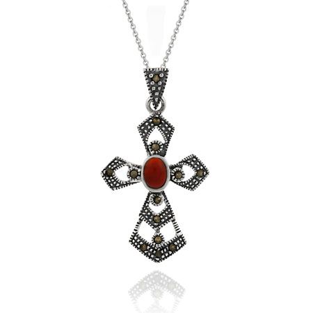 Sterling Silber Kreuz Carnelian / Marcasit Anhänger