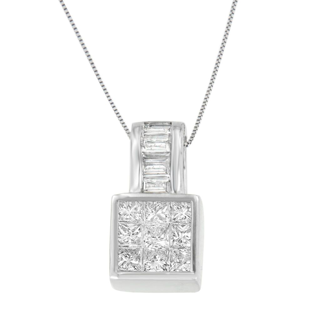 14 Karat Weißgold Prinzessin und Baguette Cut Diamant Quadrat Halo Anhänger Halskette (1 1⁄2 cttw, H-I Farbe, SI1 - SI2 Klarheit)