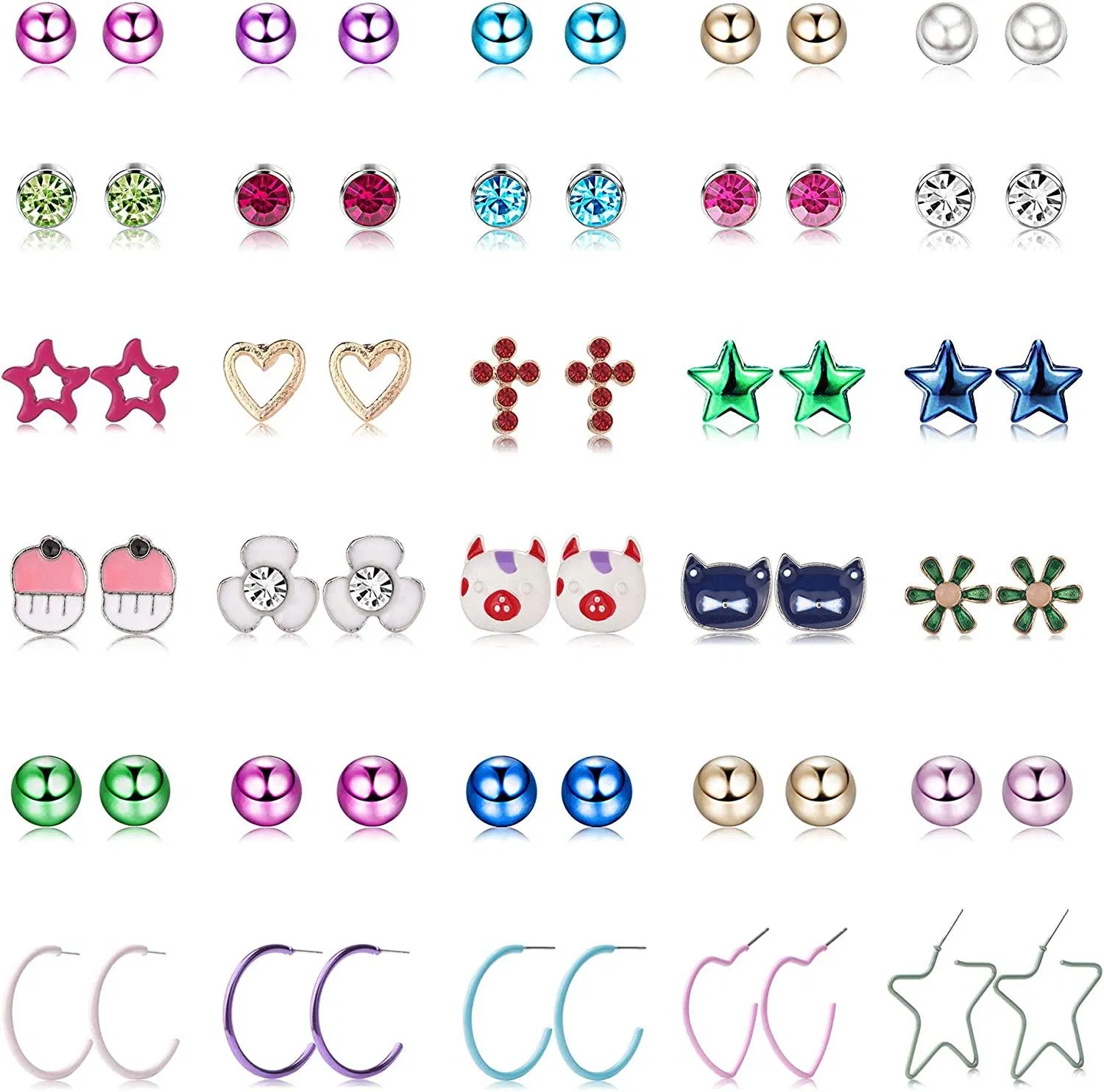 Edelstahl-Stapel - Ohrringe für Frauen Mädchen Assorted Nettes Tiere Fox Owl Bee Snowman Star Flower Pearl-Stapel - Ohrringe Set hypoallergene Ohrringe für Kinder