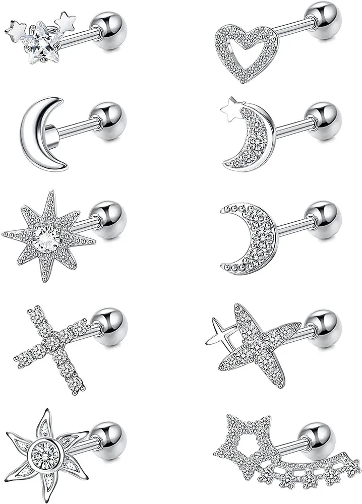 10PCS 18G Knorpel Ohrringe für Frauen Männer 316L Edelstahl CZ Mond Kreuz Herz Blumen Knorpel Stump Ohrring Tragus Ohrringe Vorwärts Helix Conch Piercing