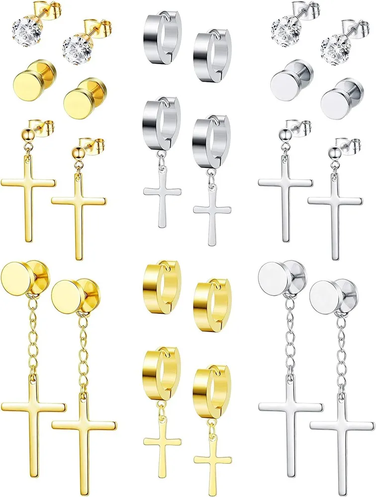 12 Paare Edelstahl Kreuz Dangle Ohrringe Set für Männer Scharnier Hoop Ohrringe Punk Huggie CZ Stud Ohrringe