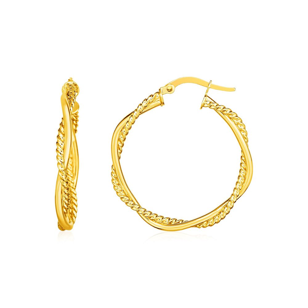 14 Karat Gelbgold Zwei Teile Textured Twisted Round Hoop Ohrringe (3x25mm)