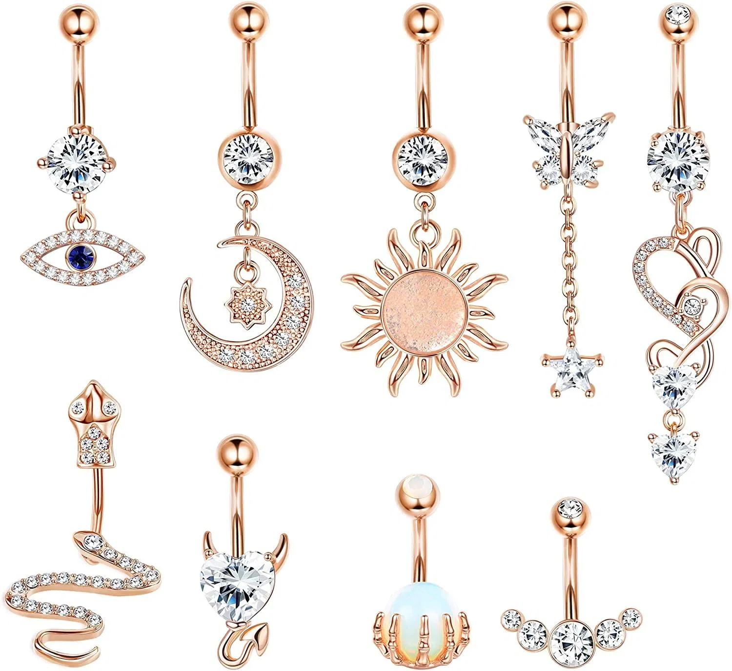 9pcs 14G Dangle Bauchknopf Ringe für Frauen 316L Edelstahl Schlange Schädel Hand mit Opal Schmetterling Clear CZ Kurven Nabel Ringe Körper Piercing Schmuck
