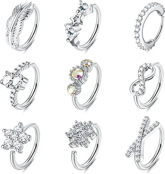 9CS 20G Nasenringe Schleife für Frauen Männer Edelsteinpflastert CZ Blatt Schmetterlingsblume Nasenschleife Ringe Crross Knorpel Helix Ohrringe Körper Piercing Schleife für Nasen Ohr 8mm