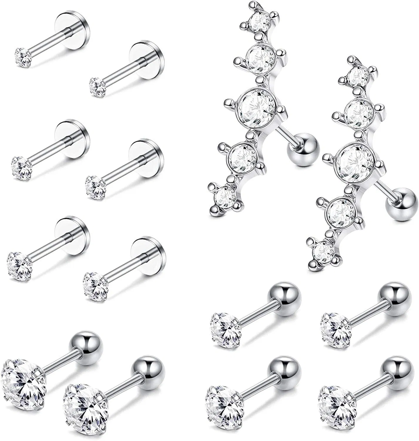 7 Paare Edelstahl CZ Stud Ohrringe für Frauen Männer Knorpel Ohrringe Helix Tragus Barbell Ohr Körper Piercings Schmuck