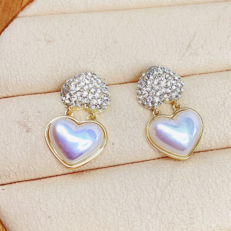 Exquisite Diamant Herz Ohrringe Ins Frauen Silber Pin Ohrringe Perlen