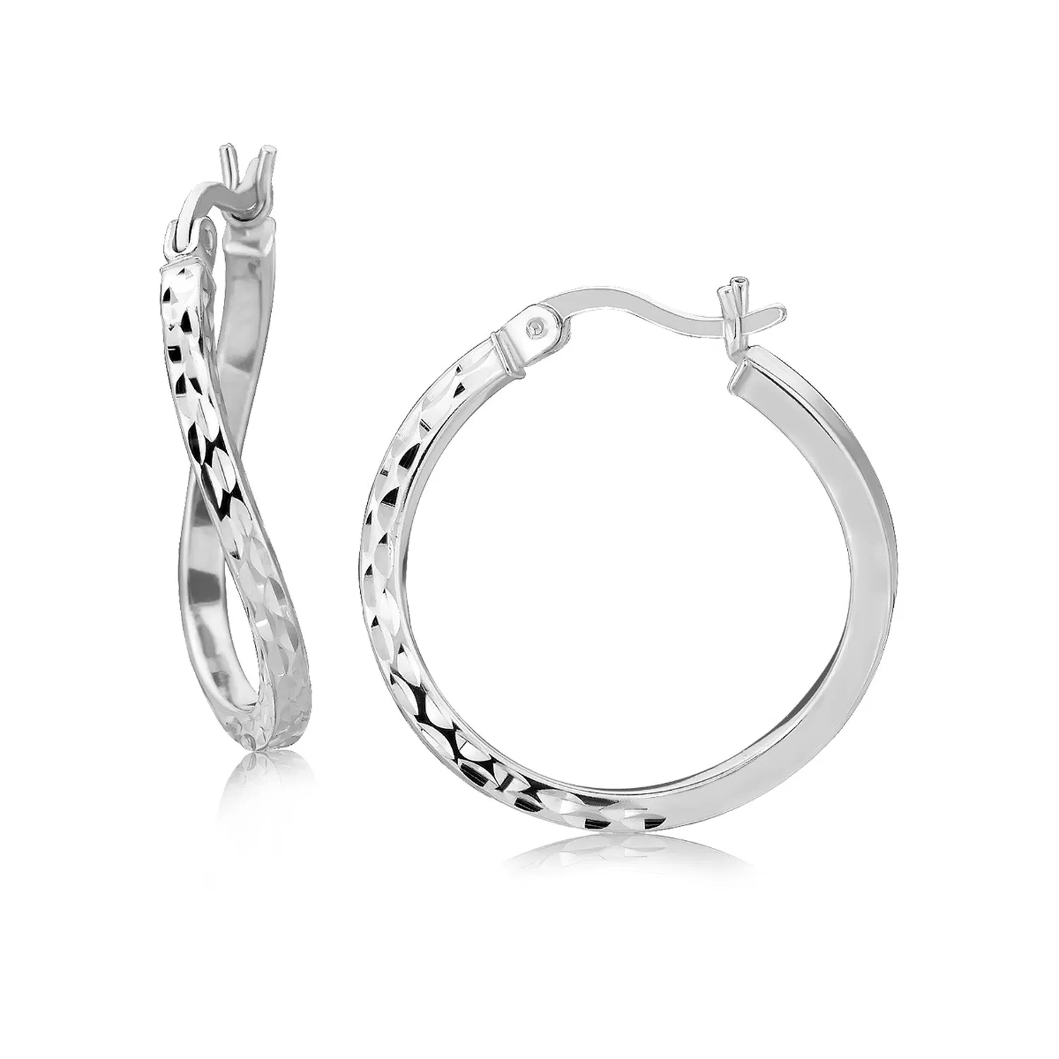 Sterling Silver Rhodium Plated Twist Style Hoop Diamond Cut Ohrringe (2x20mm)