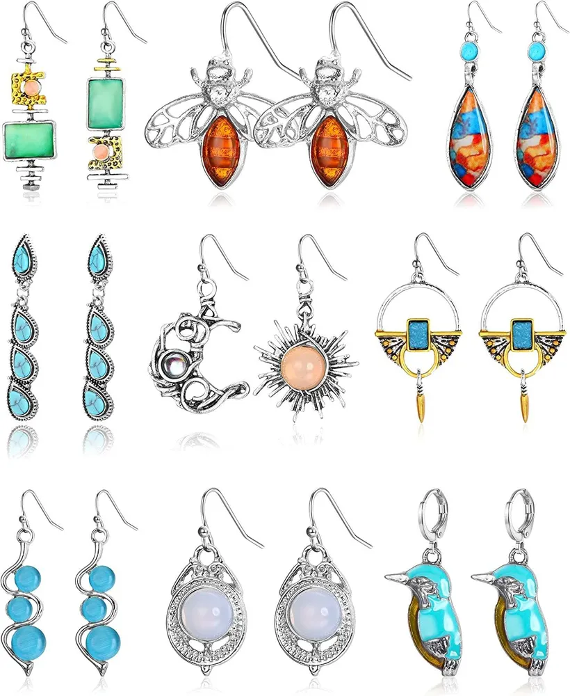 9Paare Bohemian Dangle Ohrringe für Frauen Vintage Türkis Moonstone Tränentropfen Wassertropfen Anhänger abstrakte Sonnenblumen Bienen Charme Boho Ohrring Schmuck
