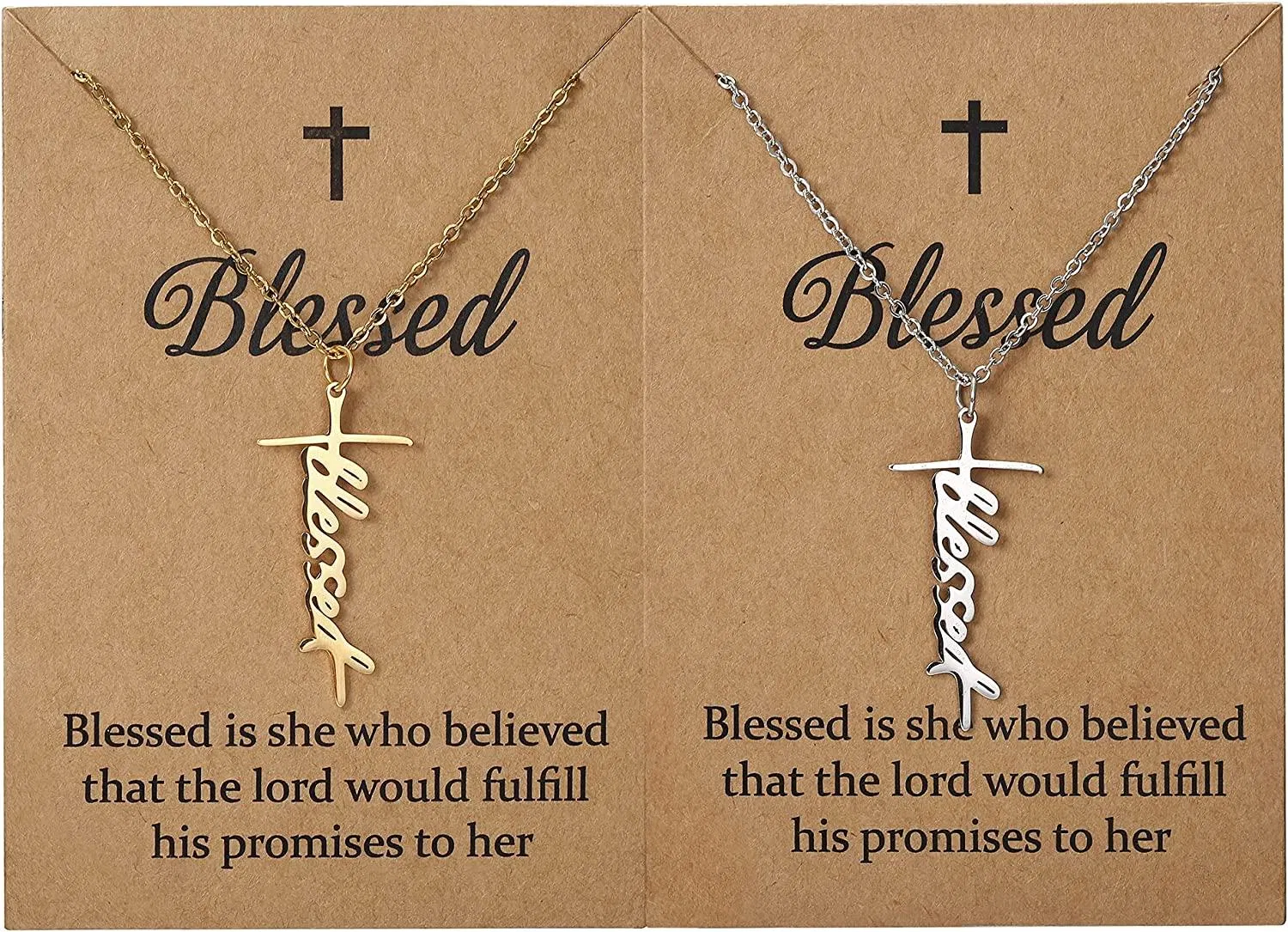 2PCS Glaube Kreuz Halskette Gesegnete Hoffnung Stärke Anhänger Halskette Silber Gold Edel Kreuz Halskette Christliche religiöse Inspirationsgeschenk für Frauen Mädchen