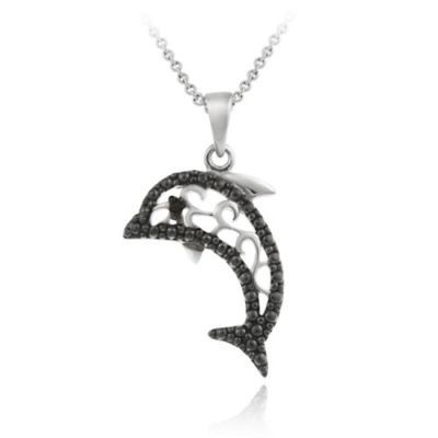 Sterling Silber Schwarz Diamant Akzent Delphin Filigree Hänger