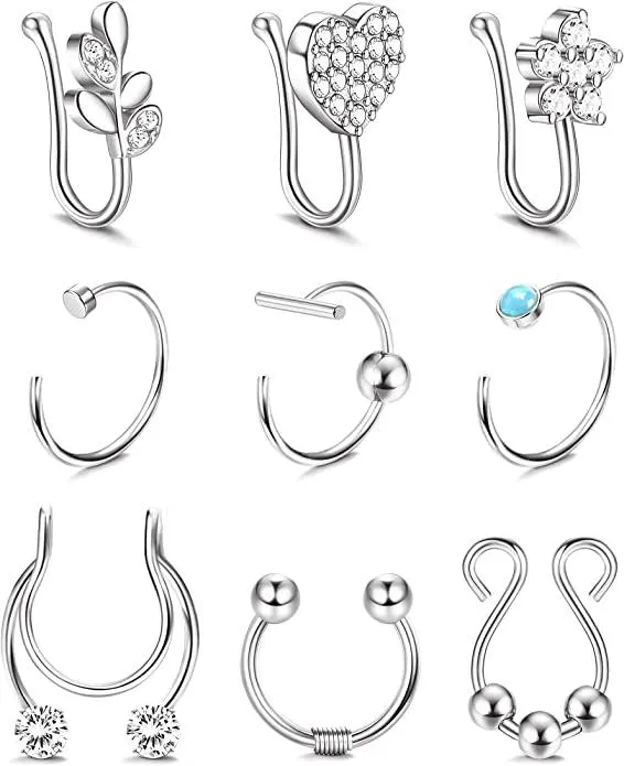 16 / 20G Falsche Nase Ringe Edelstahl CZ Inlaid Clip auf Faux Lippe Ohr Septum Ringe Hoop Non Piercing Set für Frauen Männer 9pcs 8mm