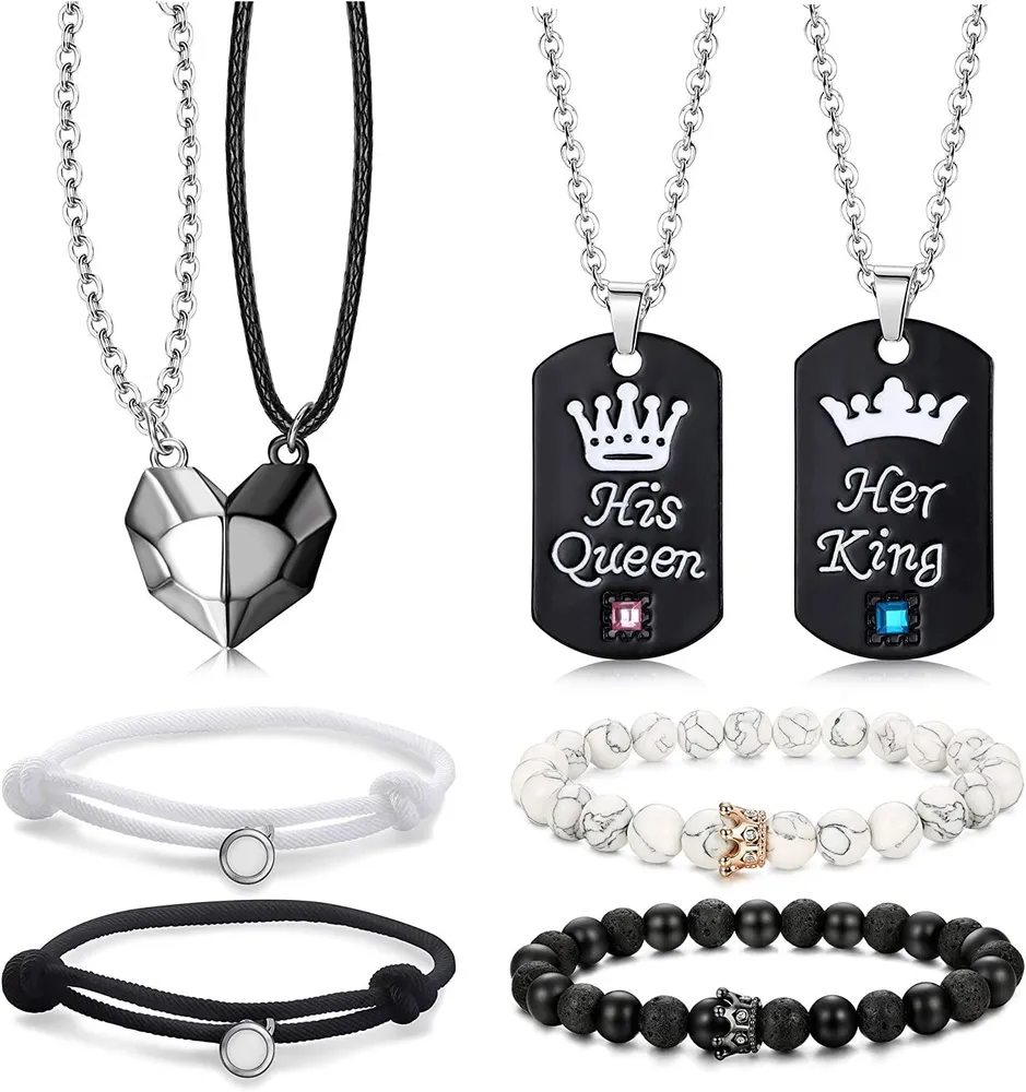 8pcs Paar Halskette Armbänder Set für Frauen Männer Herz Anhänger passen Halskette Krone Ihr König Seine Königin Armbänder Paareschenk für den Valentinstag