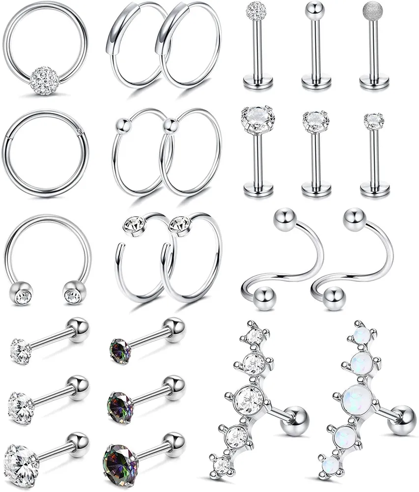 25pcs Knorpel Ohrringe Hoop Studs für Frauen Männer 316L Edelstahl CZ Lippenringe Labret Studs Helix Tragus Ohrringe Muscheln Daith Piercings Schmuck