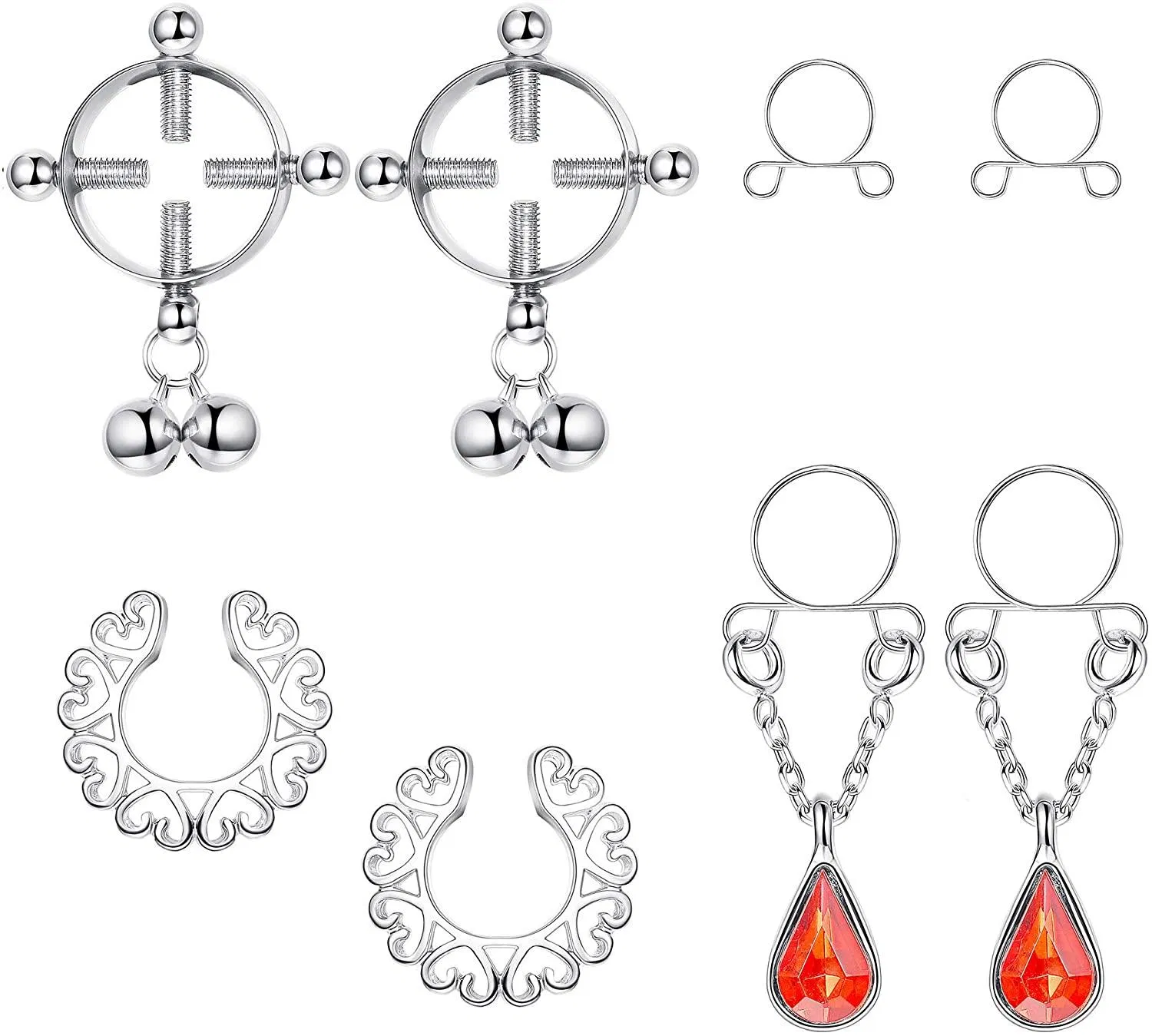 4Pairs Edelstahl Falsche Nipple Ringe für Frauen Non-Piercing Dangle Nipplerings Faux Body Piercing Schmuck