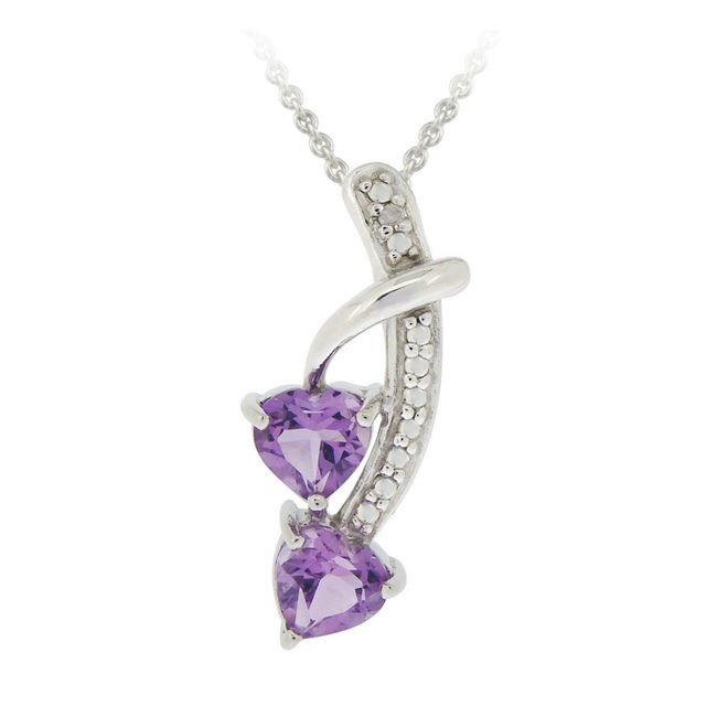 Sterling Silber Amethyst & Diamant Akzent Doppel-Herz - Anhänger