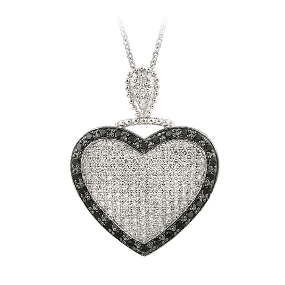 Sterling Silber Weiß & Schwarz CZ Puffed Heart Halskette