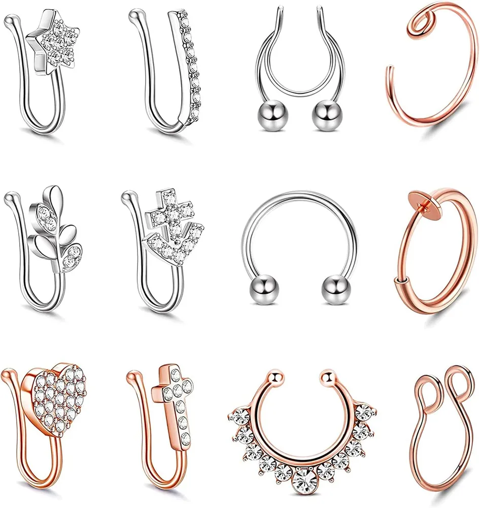 12PCS Falsche Nasenringe Clip auf Nasenring Edelstahl Falsche Lippe Ohr Nasen Septum Ringe Faux Non-Piercing Nasenring für Frauen Männer