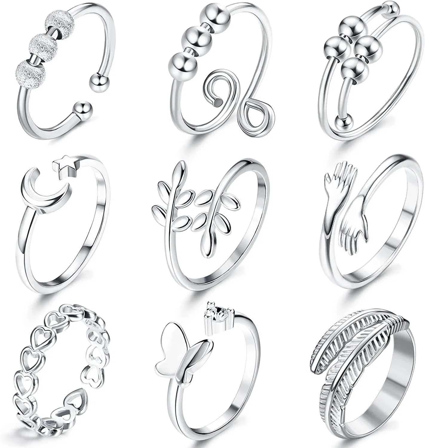 16Pcs verstellbare Silberringe für Frauen Minimalist Herzfedern Blätter Knoten Hug Stackable Ringe Set Offene Daumenringe für Frauen Mädchen Größe 7