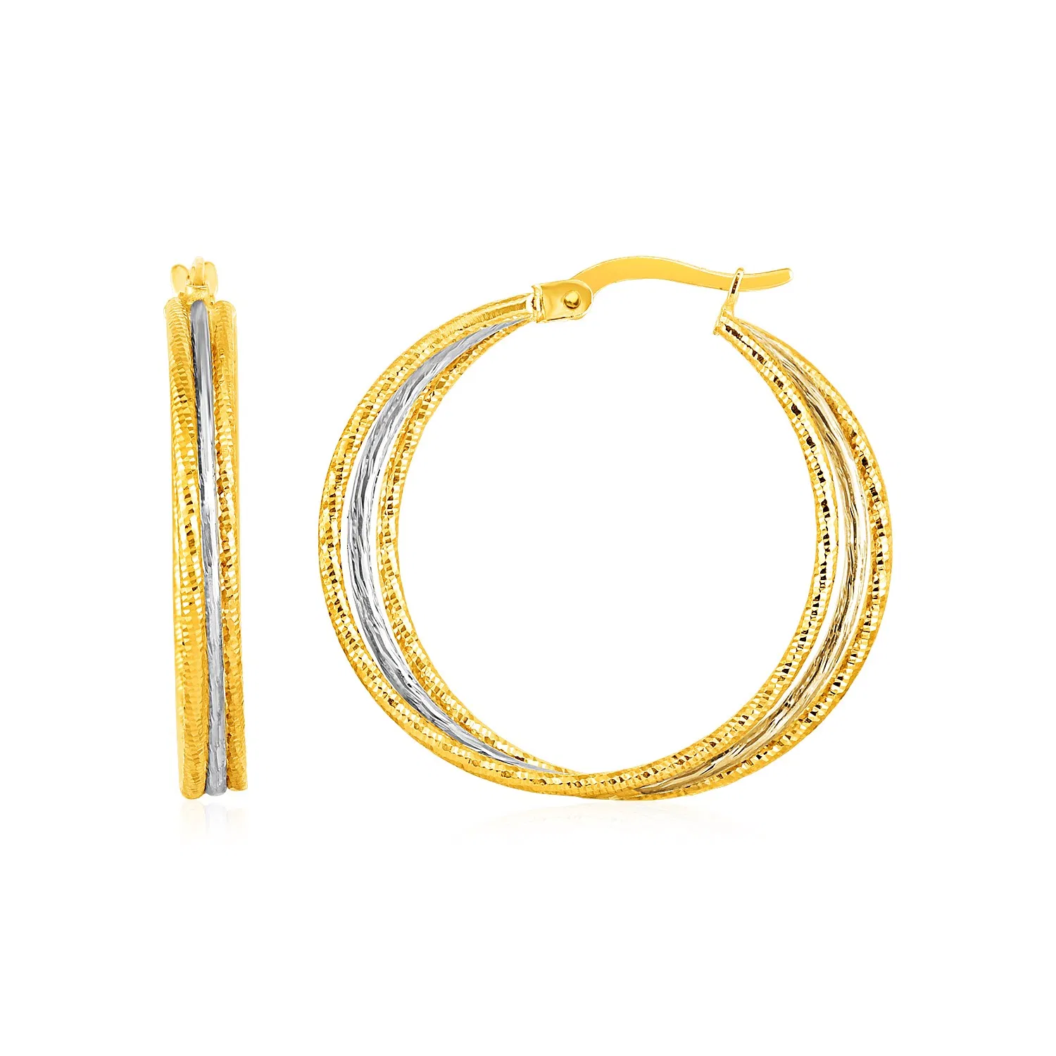 Drei-Teil Textured Hoop Ohrringe in 14 Karat Gelb und Weiß Gold