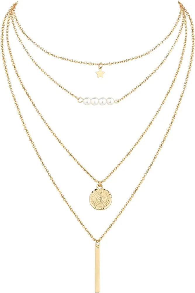 4PCS 14K Gold beschichtete Choker Halskette für Frauen Dainty Dreieck lange Bar Disc Halskette verstellbare Schichtung Y Anhänger Kette Halskette Gold beschichtete