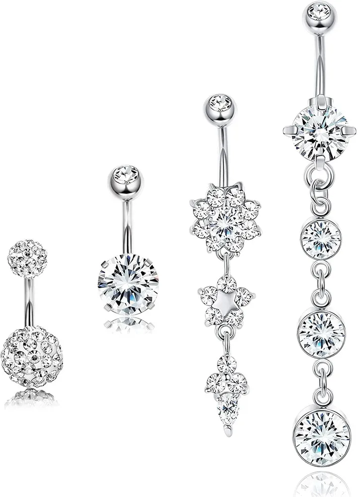 4 Stück Edelstahl Dangle Bauchknopf Ringe Nabel für Frauen gebogen Barbell Piercing 14G CZ Piercing Set