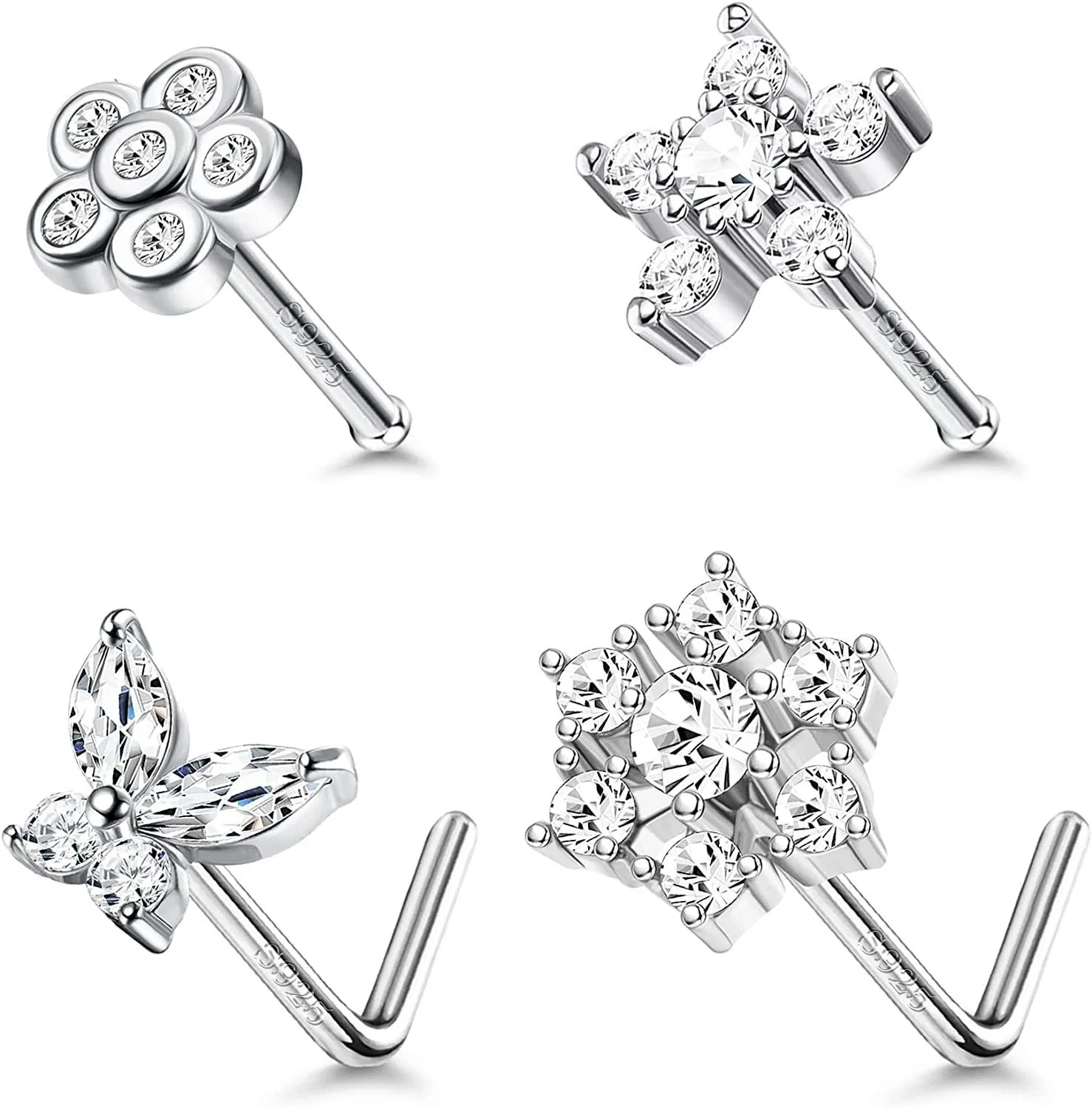 4pcs 20G Sterling Silber Nasen Ringe Sticks Knochen L-Form Nasen Sticks für Frauen Männer Kubik Zirkon Eingezogen Blumen Schmetterling Schneeflocken Nasen Piercing 7MM