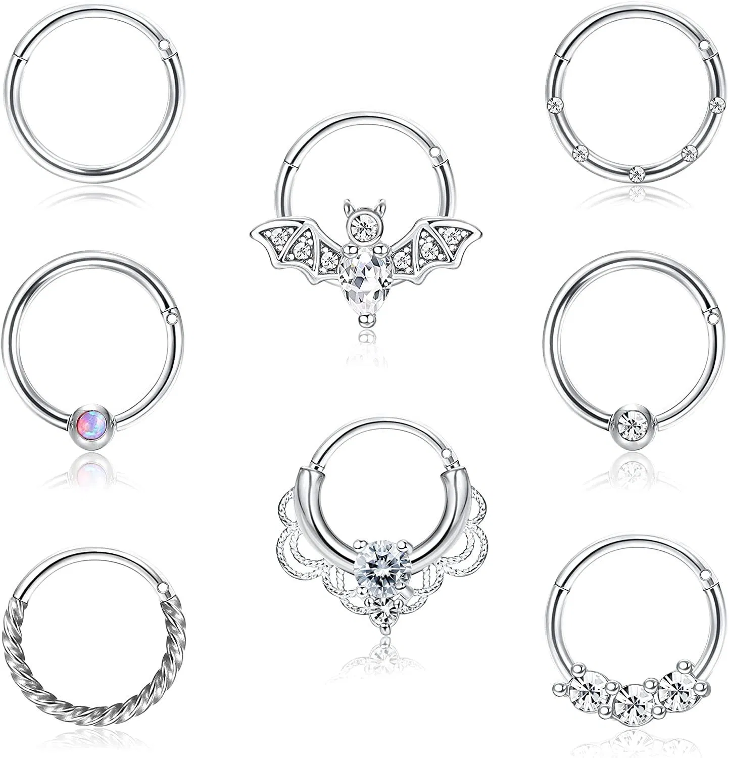 16G Septum Clicker Ringe Edelstahlschleife Scharniersegment CZ Opal Nasenringe für Frauen Knorpel Tragus Schleife Helix Daith Ohrringe Nasen Piercing 8MM