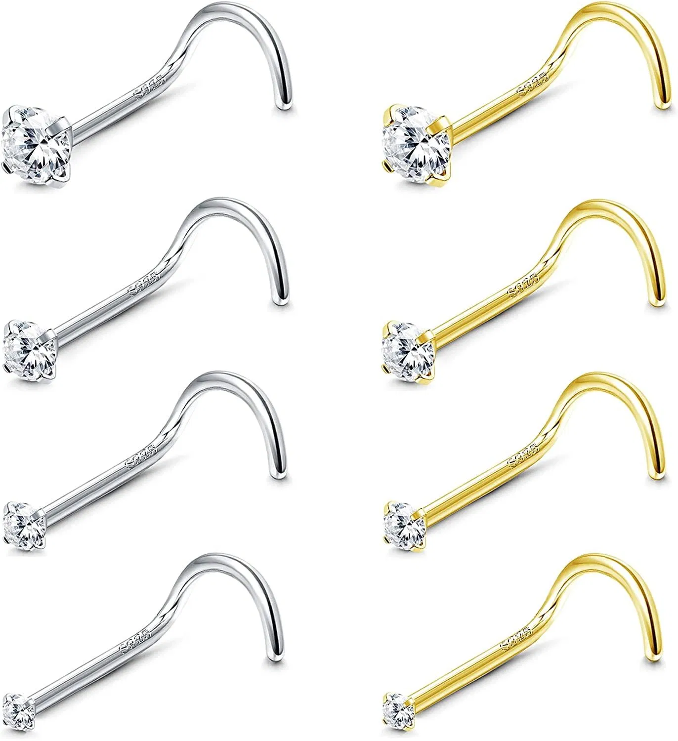 8pcs 20G Sterling Silber Nasen Studs 14K Gold Plated CZ Corkscrew Nasen Ringe Stud für Frauen Männer Nasen Piercing Schmuck 1.5mm 2mm 2.5mm 3mm