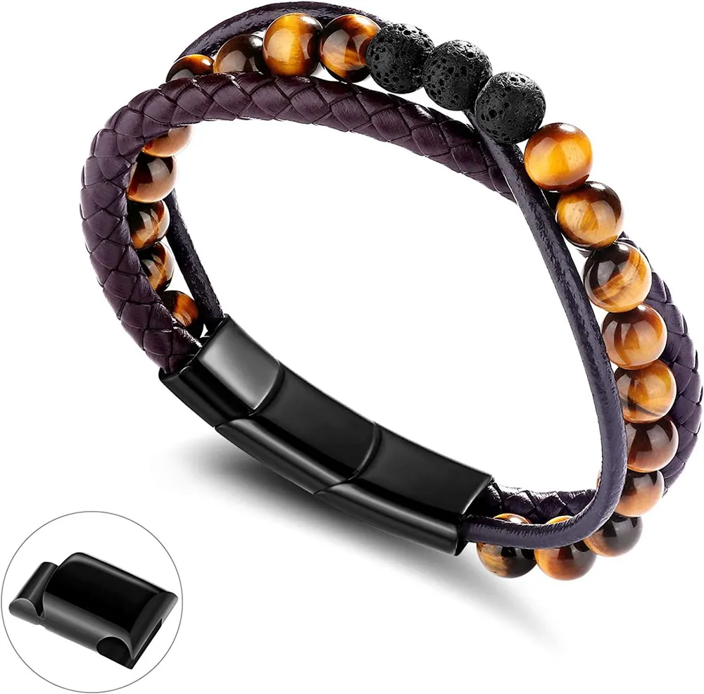 Herren Armband Perle und Leder geflochten 8MM Lava und Onyx Perle mit 316L Edelstahl und Leder Armband für Männer