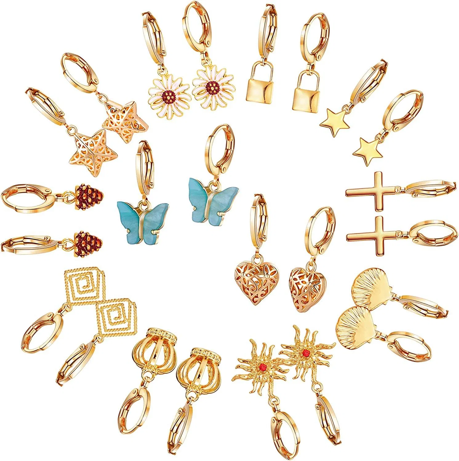 12 Paare Gold Small Hoop Dangle Ohrringe Set für Frauen mit Schmetterling Kreuz Stern Lock Shell Mini Dangle Ohrringe Süße Huggie Hoop Ohrringe Pack mit Dangle Charms