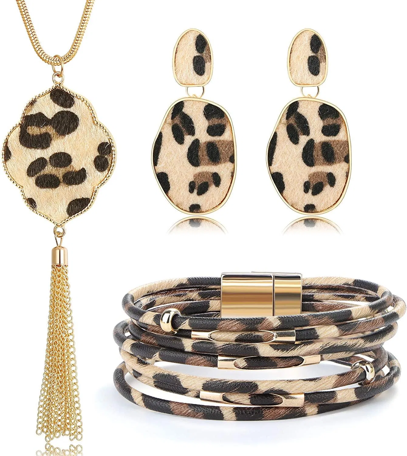 3Pcs Leopard Set für Frauen lange Kette Halskette Leder Mehrschicht Manschetten Armbänder Drop Dangle Ohrringe Mode Statement Schmuck