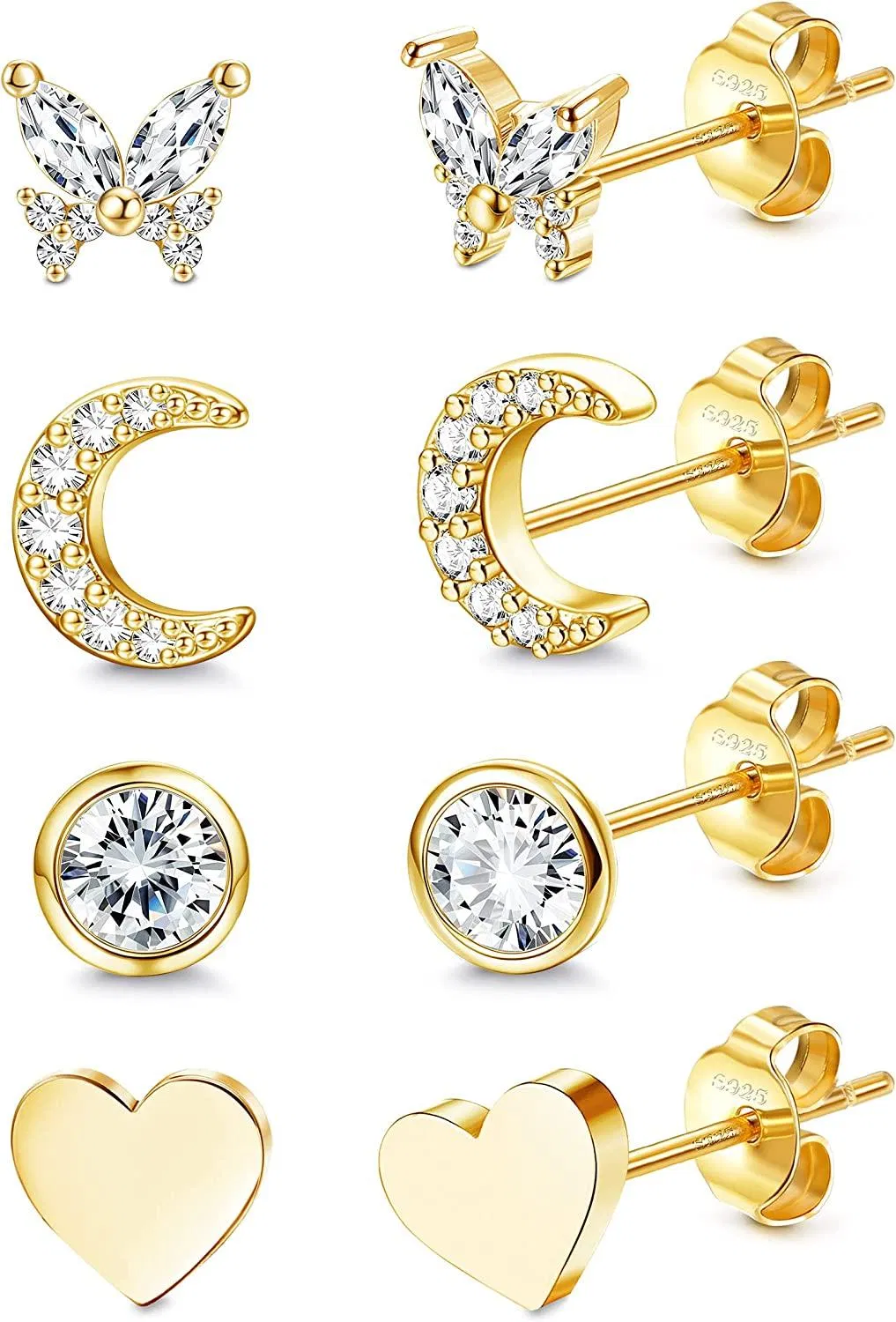 4 Paare 925 Sterling Silber Stud Ohrringe Set für Frauen Herz CZ Schmetterling Mond Blumen Stud Ohrringe Hypoallergen 4MM Kubik Zirkonia Knorpel Ohrringe Set