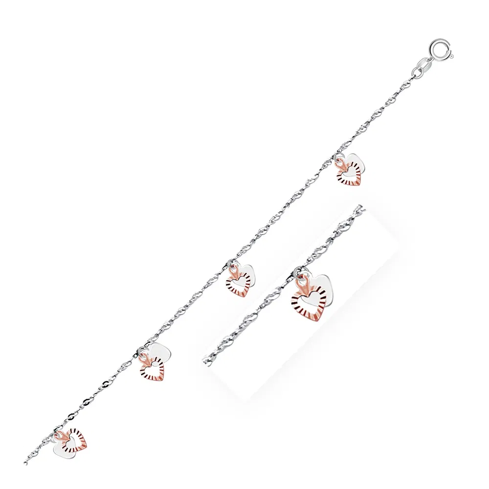 14 Karat Weiß - und Rosegold-Ankleine mit Dual-Herz - Charms