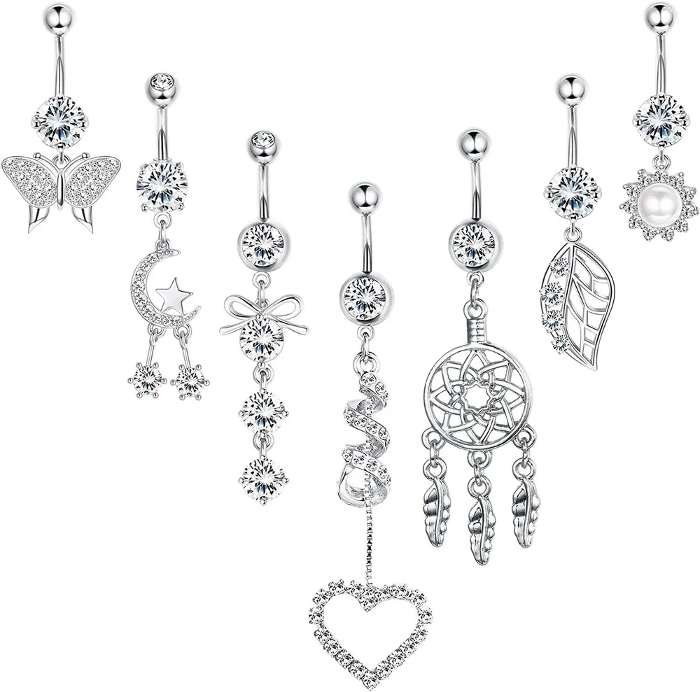 7pcs 14G Bauchknopfringe Dangle für Frauen Chirurgische Nabelringe Barbell CZ Eingezogen Mond Stern Schmetterling Körper Piercing Schmuck