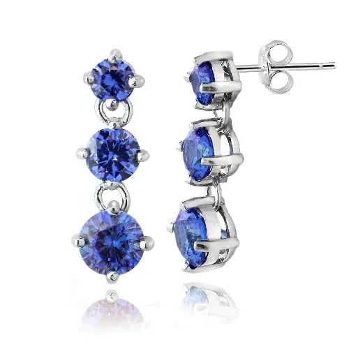 Sterling Silber Violet CZ Drei Stein Dangle Ohrringe