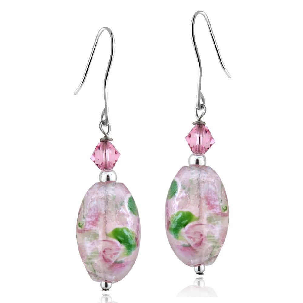 Sterling Silber Hand geblasen Millefiori Pink Oval Handwerker Glas & Crystal Dangle Ohrringe