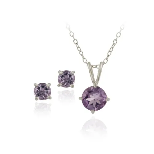 Sterling Silber 2ct TGW Amethyst Round Solitaire Anhänger & Stud Ohrringe Set, 18