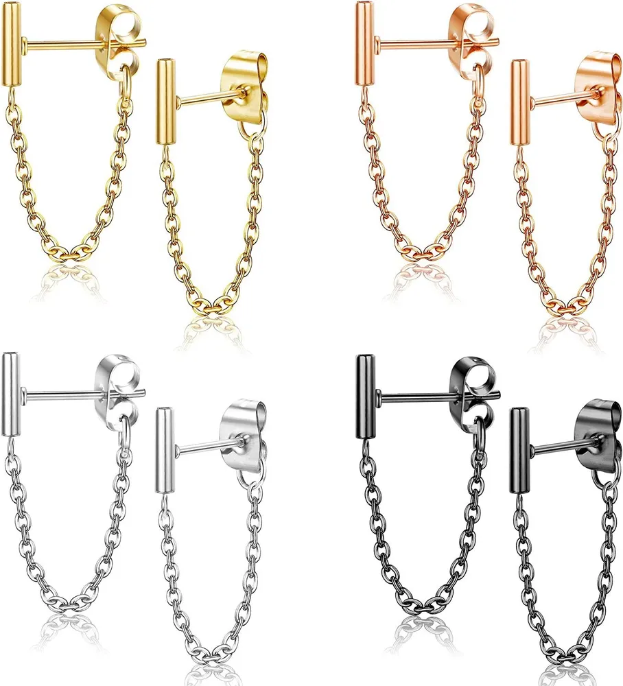 4 Paare minimalistische Bar Stud Ohrringe mit Ketten-Dangle - Ohrringe für Frauen Männer Tiny Line Chain Ohrring Set