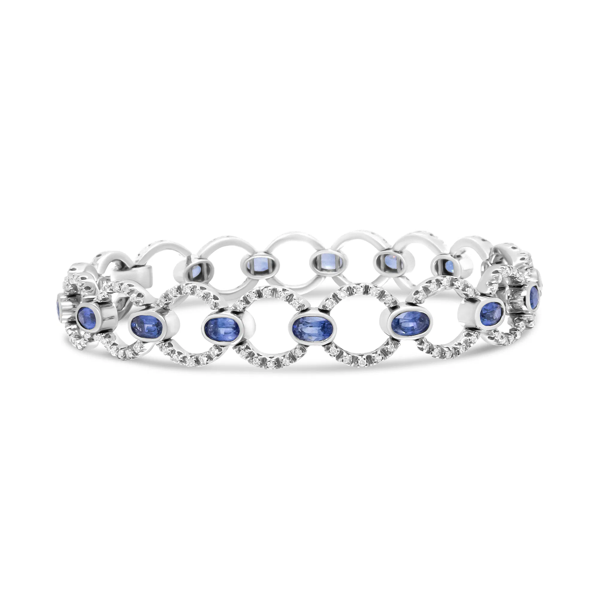 18 Karat Weißgold 6 Cttw Diamant und 5x3mm Oval Blue Sapphire Openwork Circle Link Armband (F-G Farbe, SI1 - SI2 Klarheit) - Größe 7