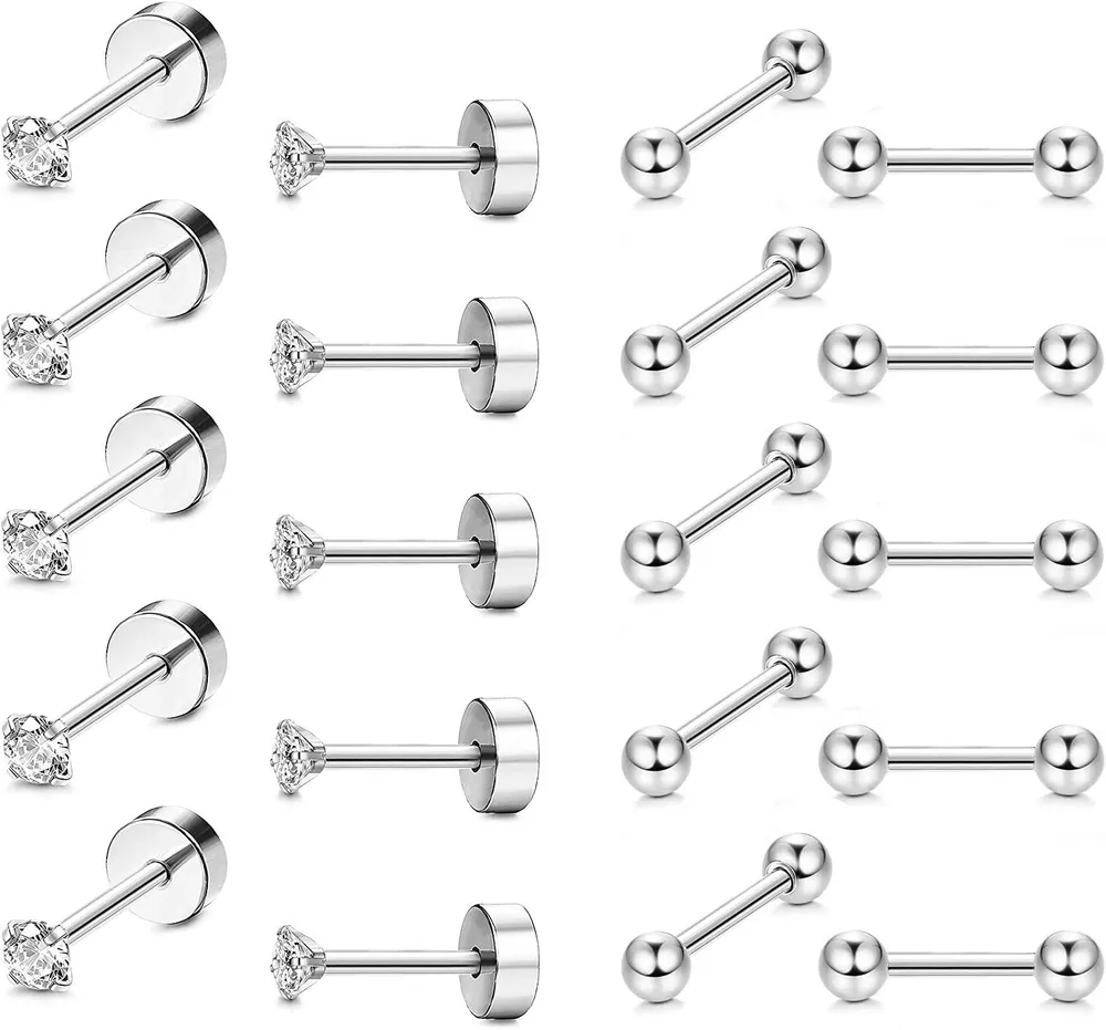 10 Paare 18G Edelstahl Knorpel Stud Ohrringe Round Cubic Zirkonia Flatback Barbell Ohr Piercings für Männer Frauen Schraube Flat Back Helix Knorpel Tragus Comfortable Set