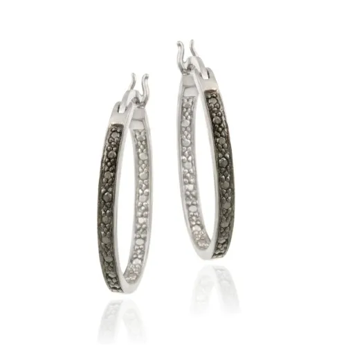Sterling Silver Black Diamond Accent 25mm Oval Hoop Ohrringe