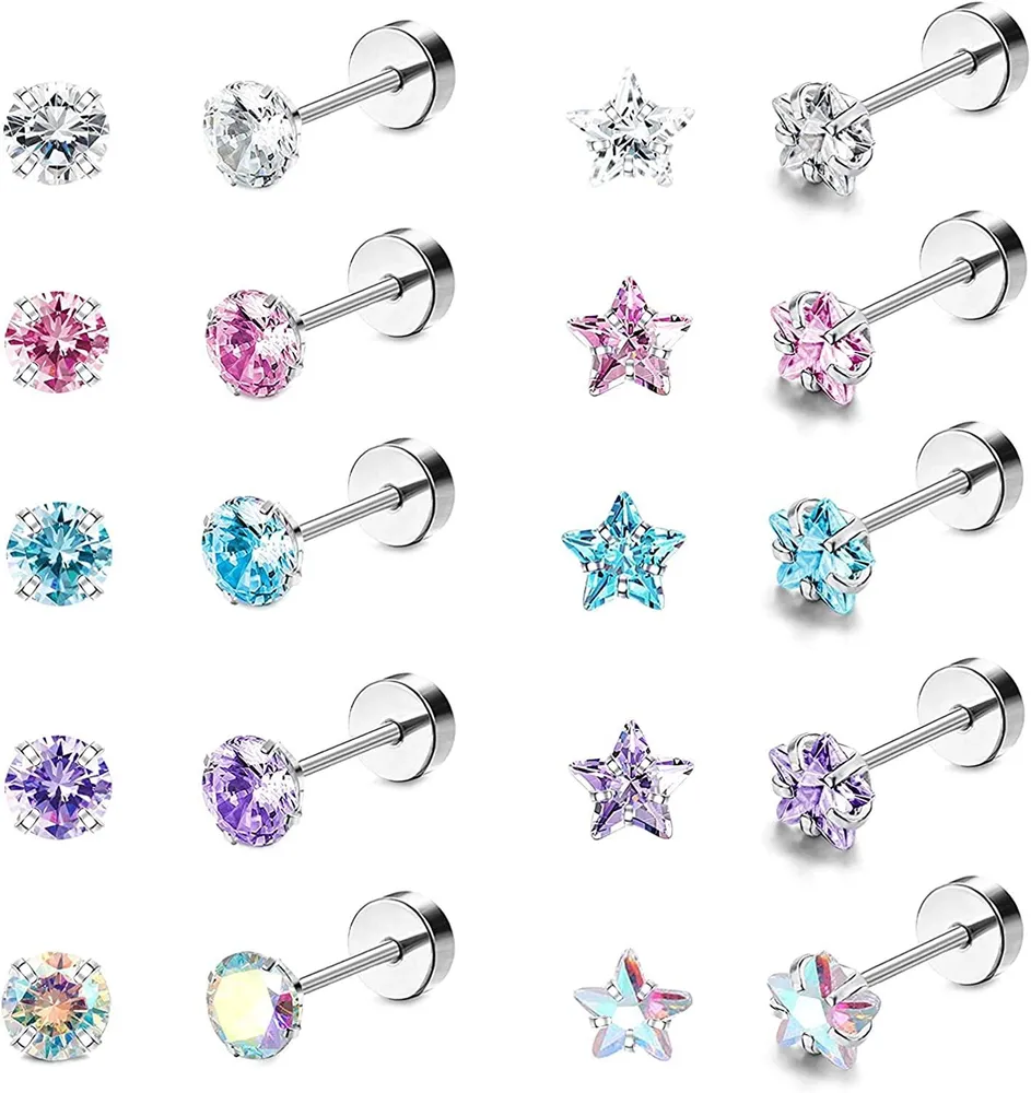 10 Paare 18G Ohr-Stapel - Ohrringe für Frauen Edelstahl Round Star Cubic Zirkonia Ohrringe Tragus Knorpel Piercing Barbell Screw Back Ohrring Set